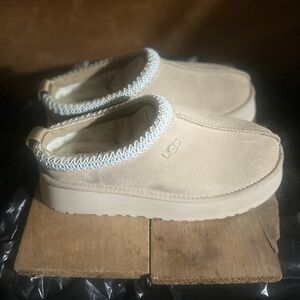 UGG Tan Suede Slip-Ons with Blue Trim